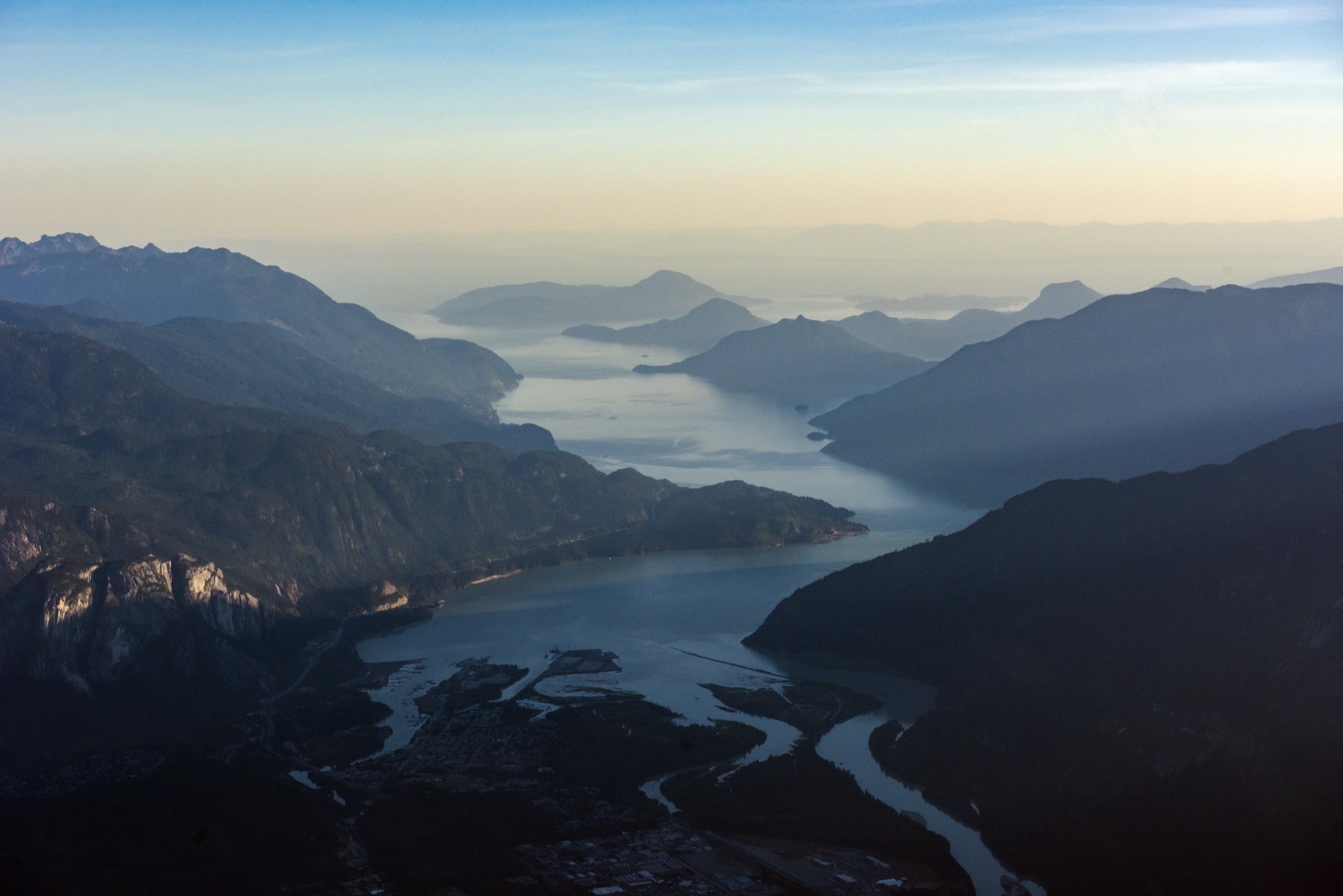Átl’ḵa7tsem (Howe Sound) at dusk, looking down the inlet from the Squamish estuary