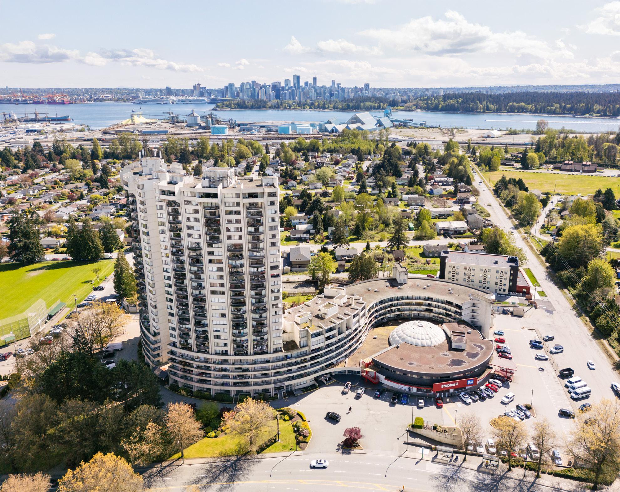 Aerial view of International Plaza and the surrounding neighbourhood